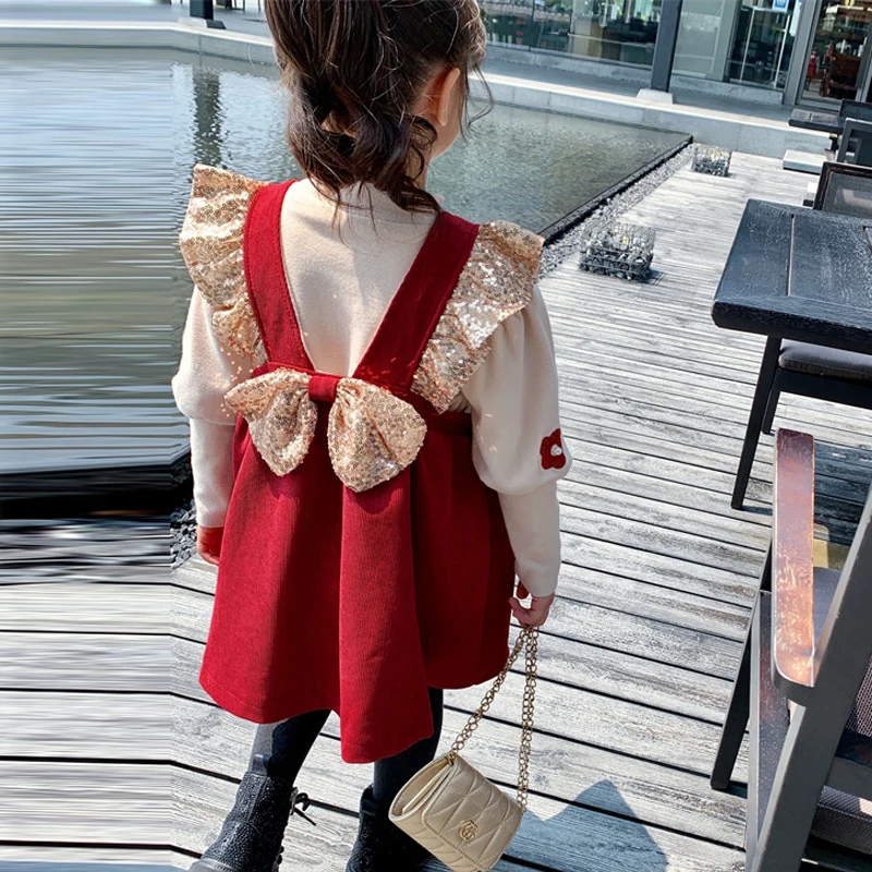 

Girl Baby Dress 2022 Spring And Autumn New Girl Sequin Bow Corduroy Vest Skirt + Flower Bubble Long Sleeve T-shirt Two-piece Set