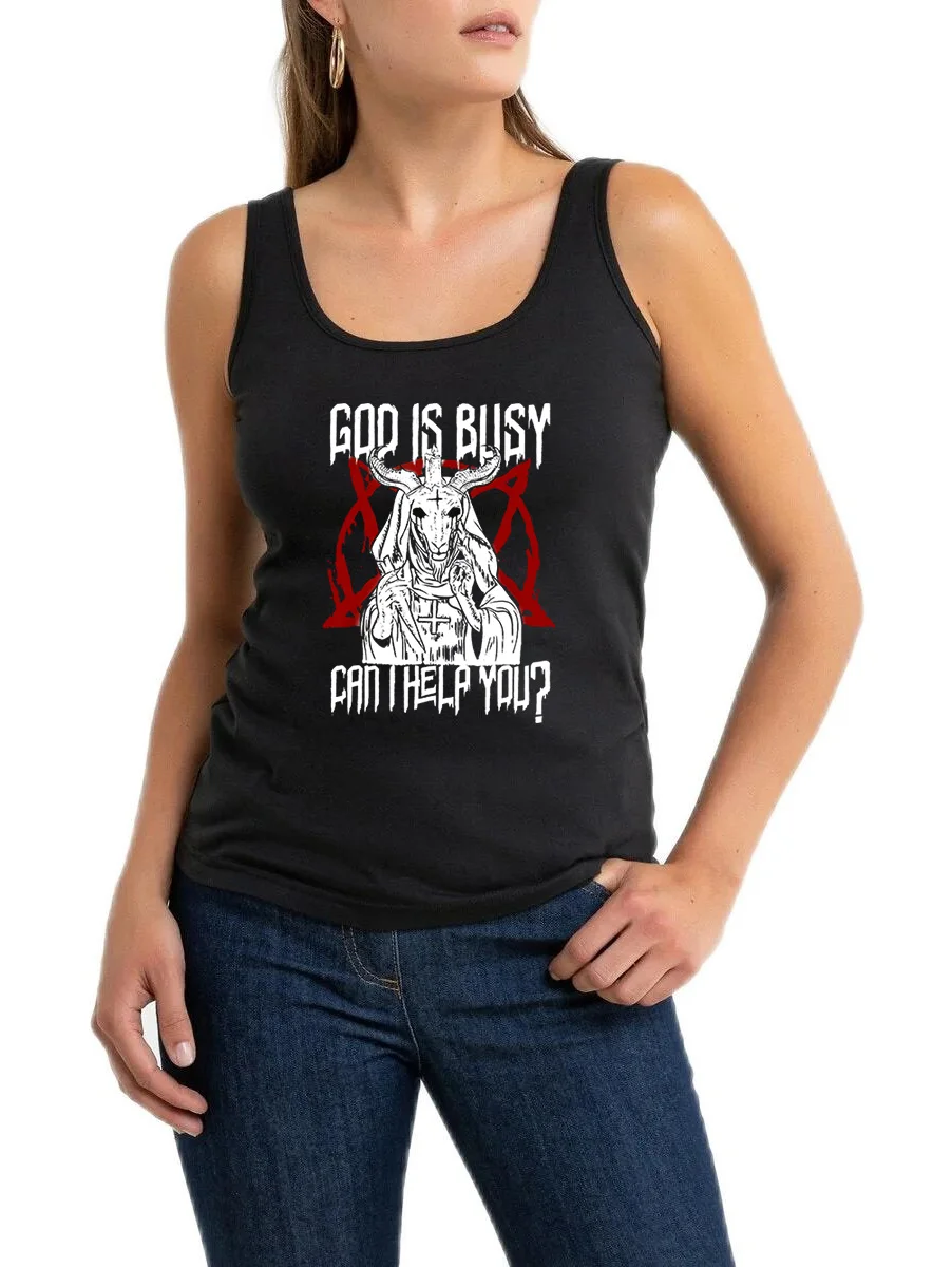 

God Is Busy Can I Help You Baphomet Goat Demonic Design Tank Top Women's Personality Breathable Sleeveless Tee Gym Tops