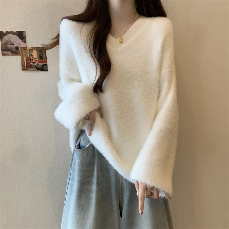 Большой размер норковый свитер с v-образным вырезом для полных девочек женский