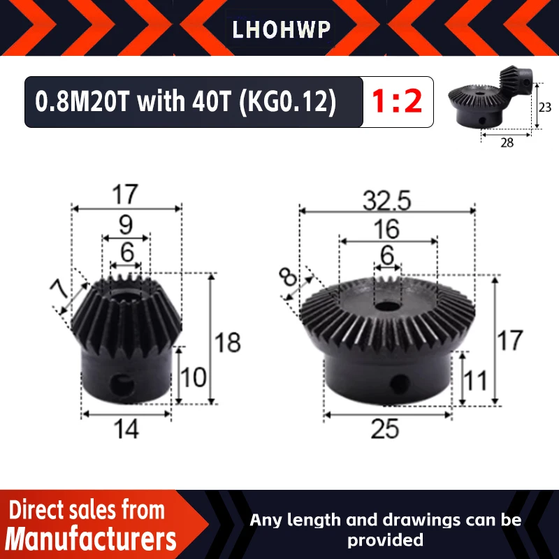 

2 шт. 1:2 коническая шестерня 0,8 модуль 20 зубьев + 40 зубьев внутреннее отверстие 6 мм 90 градусов привод из коммутируемой стали шестерни стальные шестерни винт M5