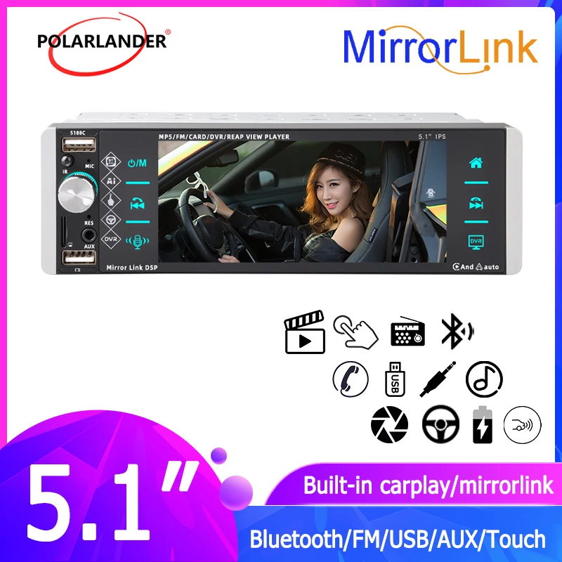 

PolarLander 1 Din 5.1 Inches Car Multimedia MP5 Player Touch ​Screen 5188 Mirrorlink RDS AM FM 4-USB Android Auto Carplay