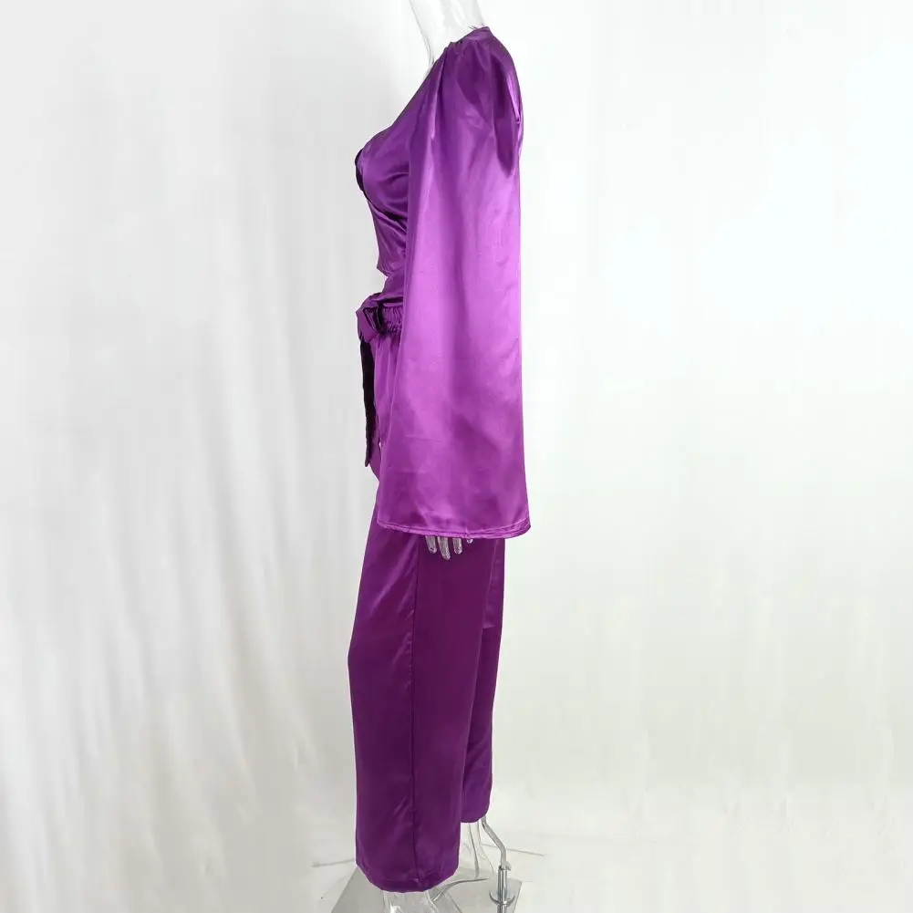 

2Pcs/Set Casual Outfit V-neck Lady Outfit Solid Color Cropped Shirt High Waist Wide Leg Pants Set
