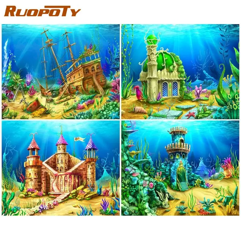 

RUOPOTY Frame Diy Painting By Numbers Acrylic Wall Art Picture Undersea Landscape Coloring By Numbers Diy Gift Artwork 60x75cm