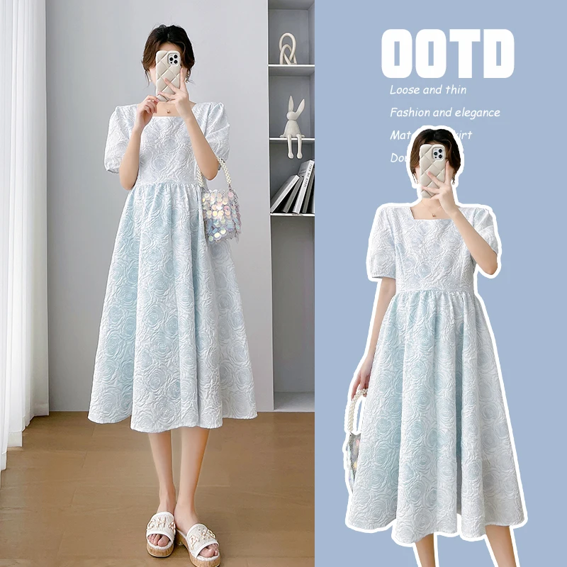 

8837# 2023 Summer Korean Fashion Maternity Midi Dress Elegant A Line Loose Clothes for Pregnant Women Elegant Pregnancy