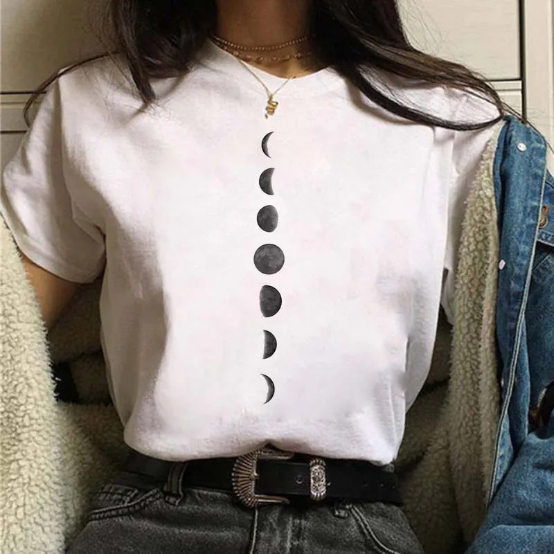 

Universe planets Moon Print Women T-shirt White Summer Harajuku Y2K Female Short Sleeve T Shirt Casual Aesthetic Top Tees