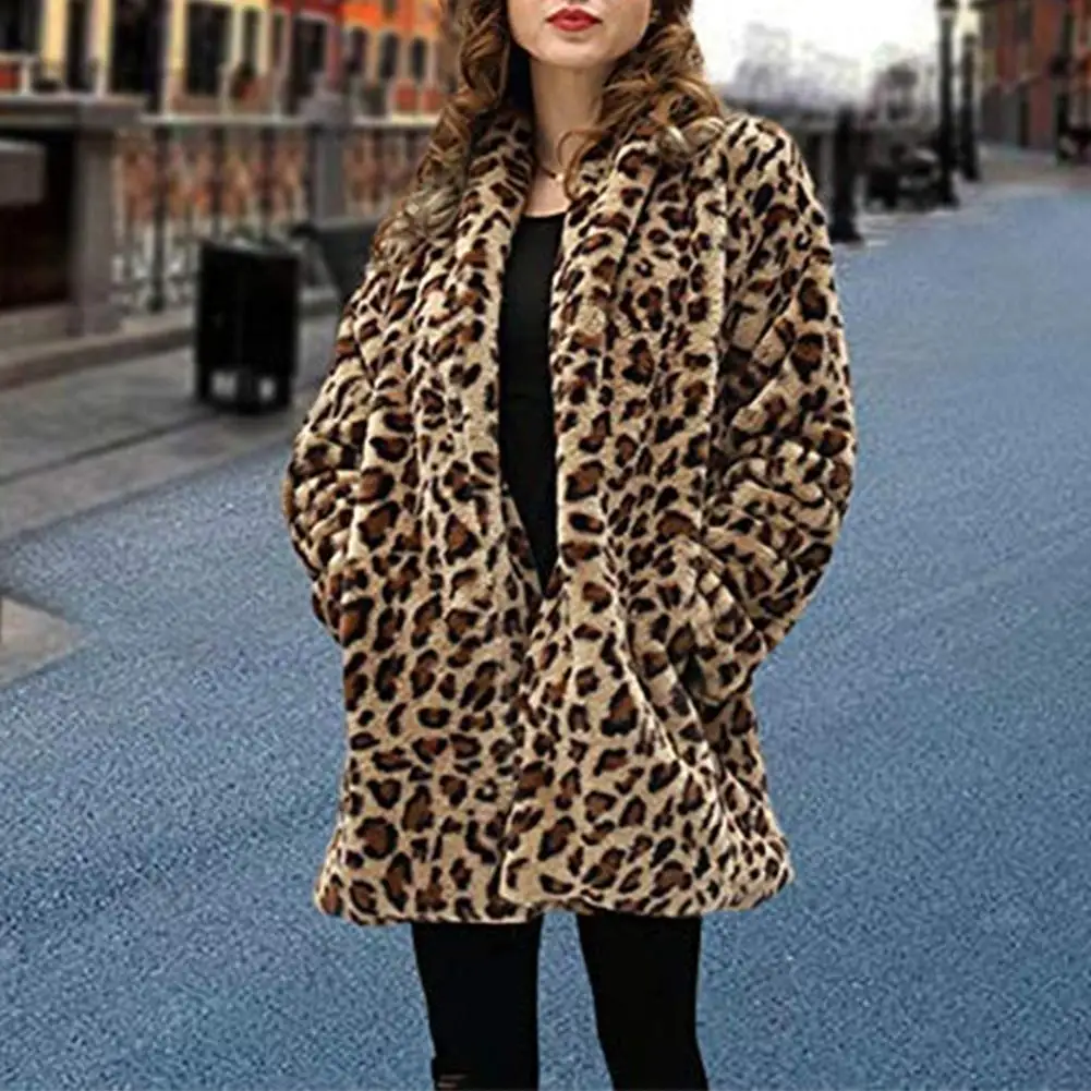 

Faux Fur Cardigan Coat Women Leopard Printing Breathable Soft Surface Personality Outwear Turn Down Collar Warm Outfit
