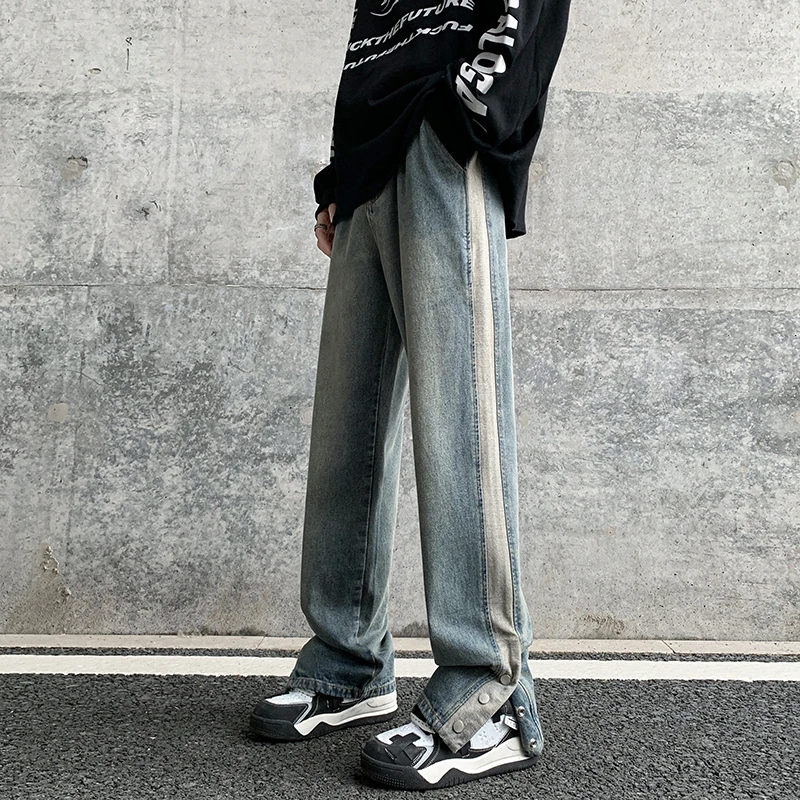CUMUKKIYP American Streetwear Splice Button Split Jeans for Men Spring Summer Casual Loose Vintage Straight Denim Pants
