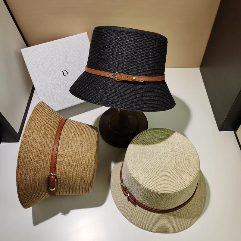 Fashion Women's Summer Panama 2022 Bucket Hat Belt Decoration Sun Protection Cap Female Flat Top Beach Hat Sun Hats Straw Hat
