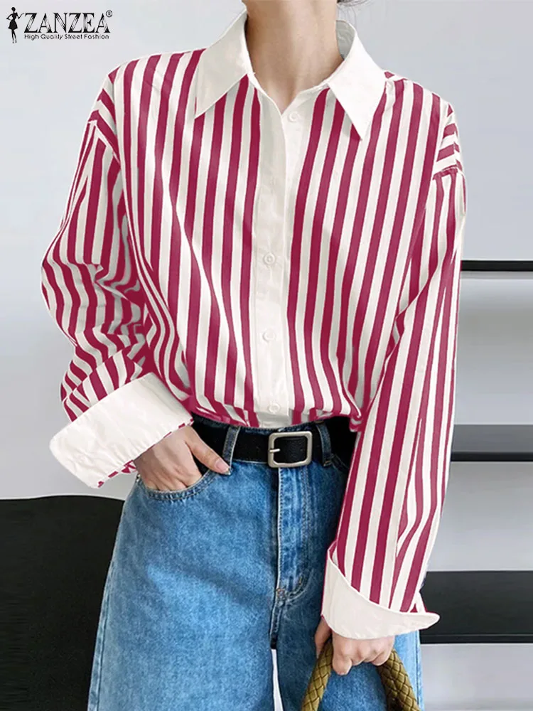 

ZANZEA Women Color Block Shirts Lapel Neck Fashion Tops Elegant Striped Female Chemise Long Sleeve Casual 2023 Autumn Blouses