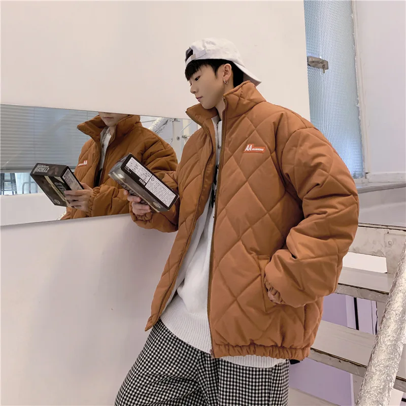 Padded men's winter diamond-shaped lattice port trend brand ins loose ruffian handsome stand-up collar padded jacket all-match