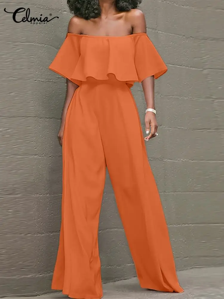 

Celmia 2023 Fashion Short Sleeve Overalls Long Pants Off Shoulder Summer Waisted Jumpsuit Women Layered Ruffled Long Rompers