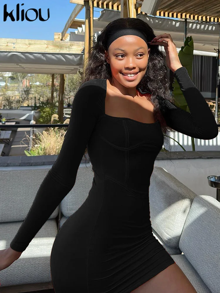 Женское классическое однотонное мини-платье Slim Fit с длинным рукавом и квадратным