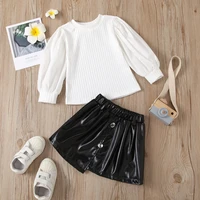 baby girls outfit set new girls suit solid color round neck pit strip top rubber band irregular skirt leather skirt set