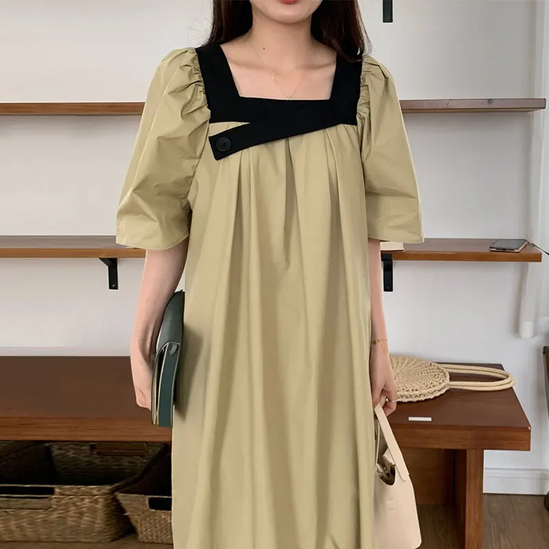 

Clothland Sweet Long Summer Women Top Half Sleeve Square Collar Straight Mid Calf Vestido Midi DA87