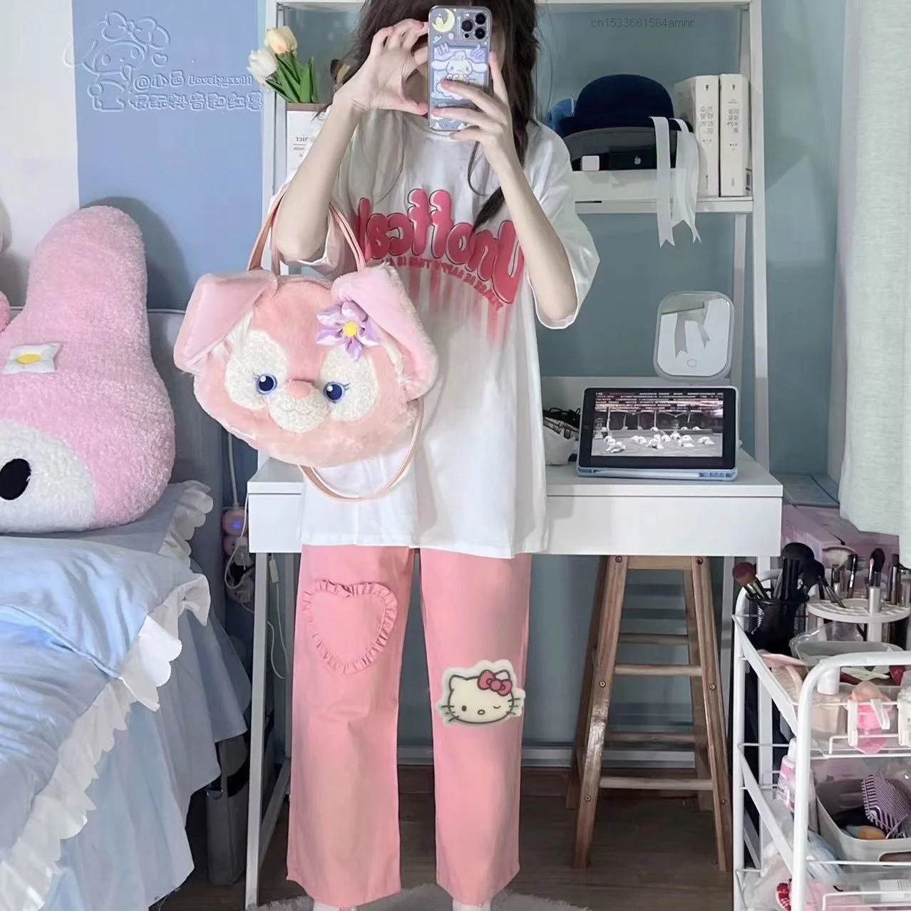 

Summer Women Y2k Clothes Set Female Student Sweet Printed Short Sleeved Loose T-shirt Straight Wide Leg Pants Sanrio Hello Kitty