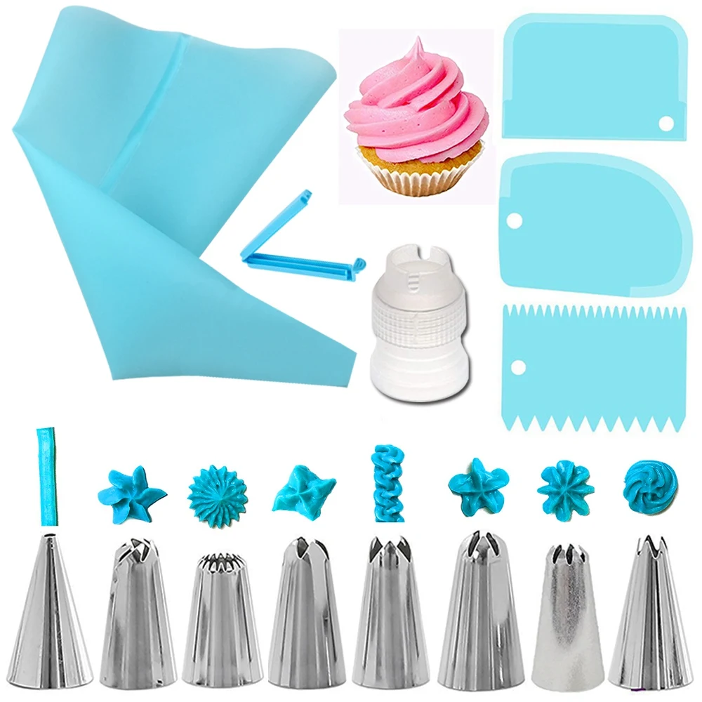 

14Pcs/Set Pastry Bag Tips Kitchen Cake Icing Piping Cream Cake Decorating Tools Reusable Pastry Bags+8 Nozzle Set Baking Tools