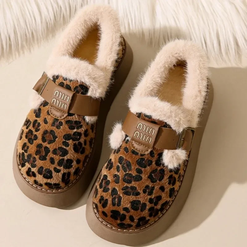 Модная женская обувь с леопардовым принтом на платформе 2024 теплые плюшевые