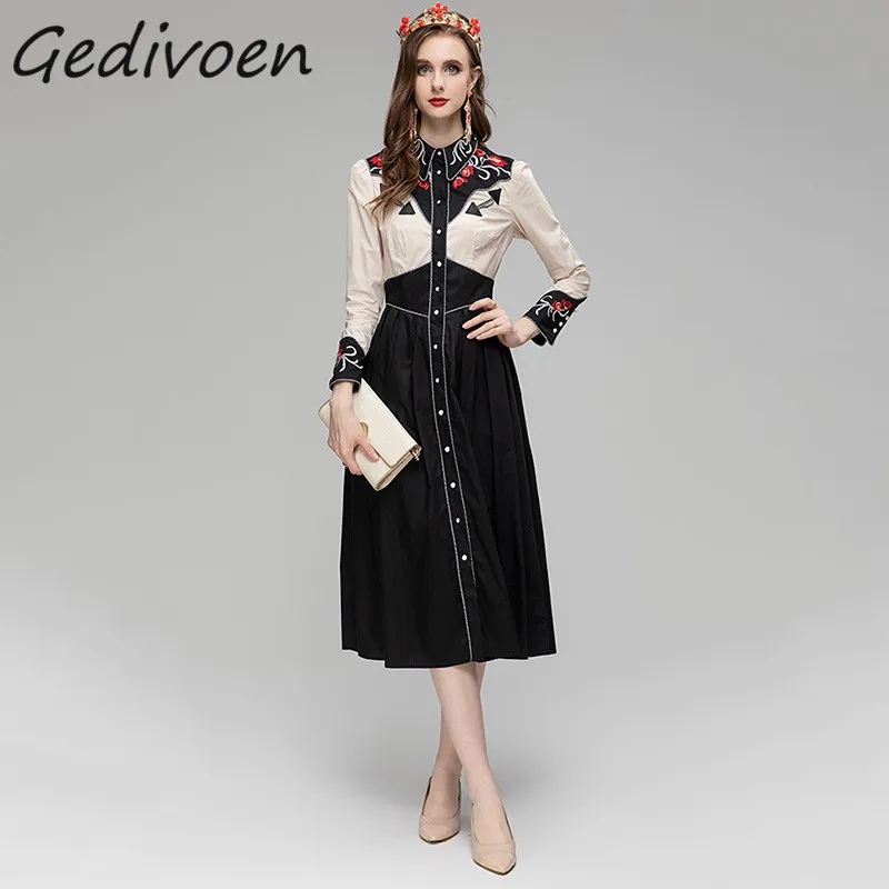 

Летнее модное дизайнерское винтажное платье Gedivoen, женское однобортное платье с длинным рукавом и вышивкой, длинное платье с высокой талией и разрезом