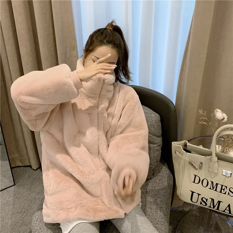 Fall Winter 2021 Plush Coats Women Thickened St-up Collar Lamb Hair Faux Otter Rabbit Hair Loose Fur Coat for Sweet Girl