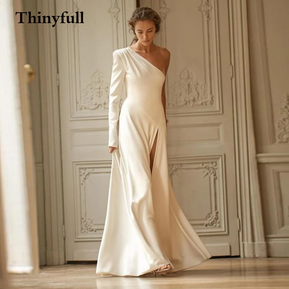 

Thinyfull Simple One Shoulder Long Wedding Dresses 2022 High Side Slit Bridal Beach Mariage Gowns Princess Vestidos Boda Dress