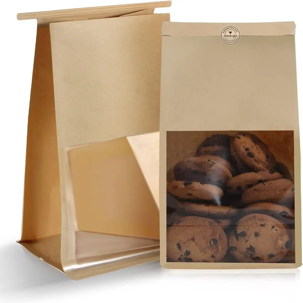 

Kraft Paper Bakery Bags with Window 11.1 Inches with Windows Coffee Bean Bags Cotton Paper+PET+CPP Cookie Bags for Packaging