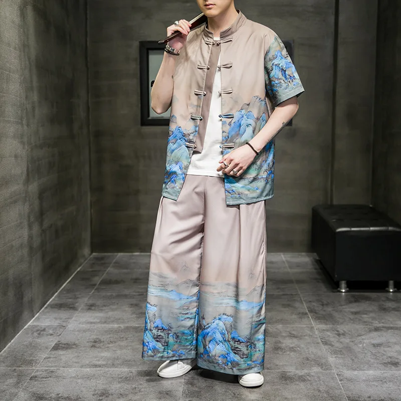 

Летняя модная одежда с принтом для мужчин, кардиган в стиле Харадзюку, пляжные брюки, костюм азиатского танга, уличная одежда, женская одежд...