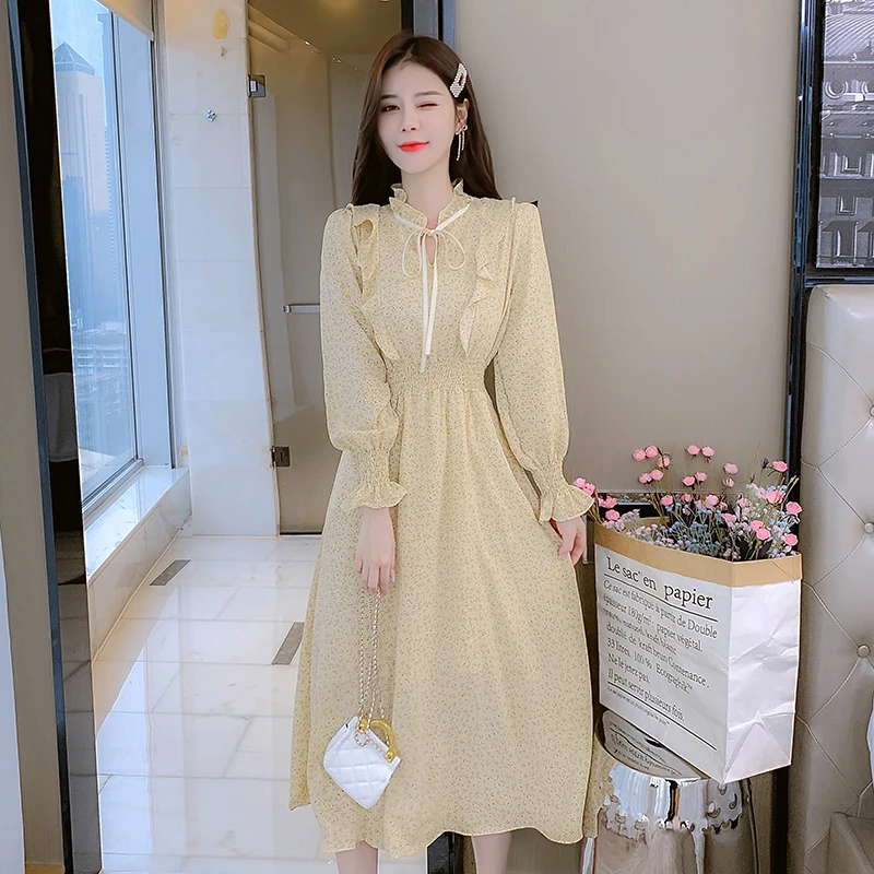 

COIGARSAM Women Long Dress Spring Cute Ruffles Floral Print Elastic Waist Rice White Light Yellow Dresses Dropshipping
