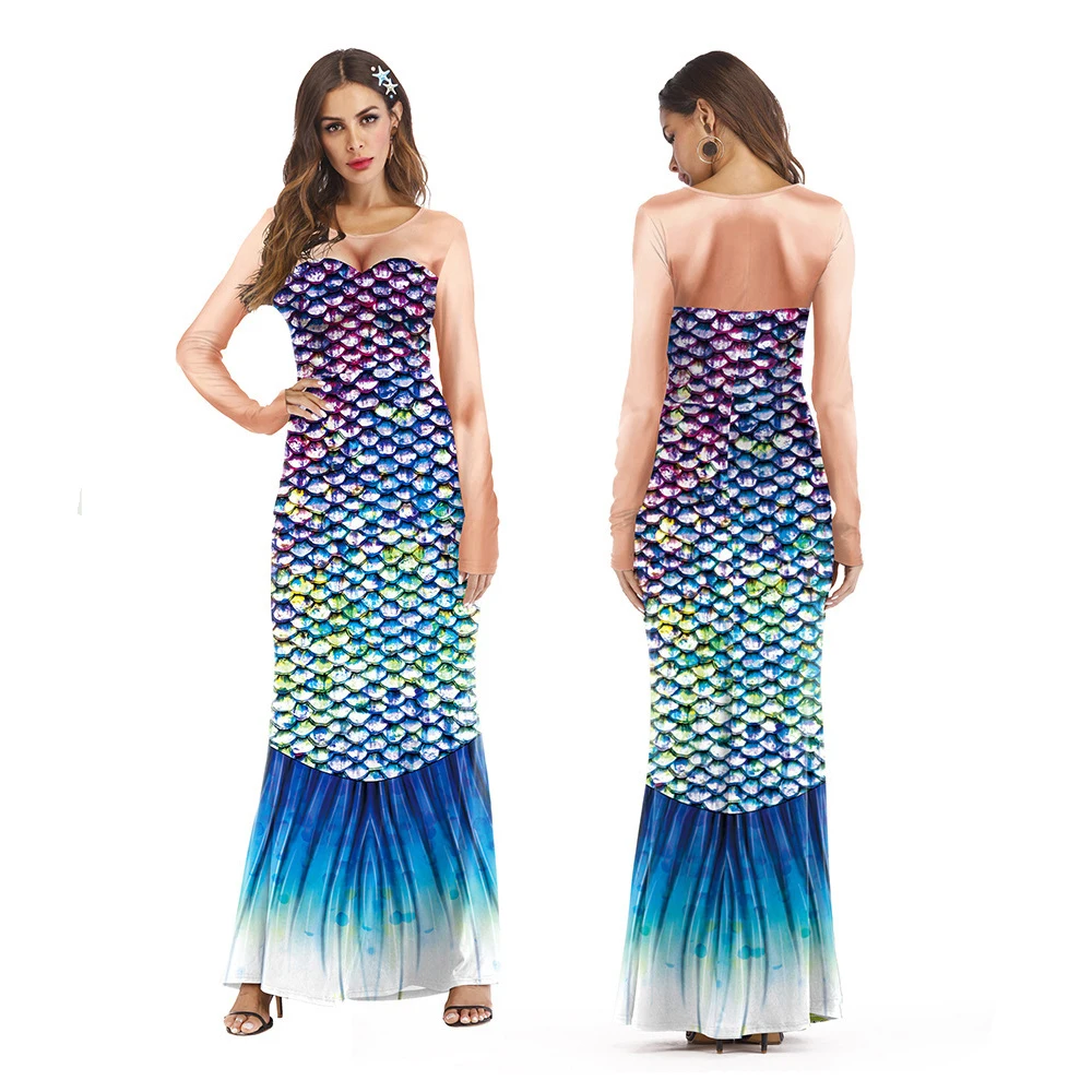 

3D Fish Scales Lady Dress Elegant Long Sleeve Mermaid Princess Dresses Cosplay Outfuts Women Sexy Mermaid Printed Clothing