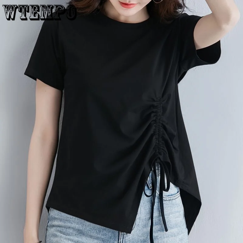 

WTEMPO Summer Women Short-sleeved T-shirt Large Loose Korean Version Solid Color T-shirt Black Drawcord Top Drop Shipping