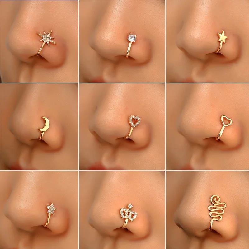 1Pc Copper Fake Piercing Nose Ring Heart Star Crown Clip on Nose Ear Clip Cuff Earring for Women Girl Gift Body Jewelry Nariz