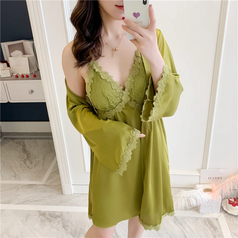 2022 suspenders sexy two-piece set sleeping skirt with breast pad ladies embroidered summer silk satin nightgown thin style paja