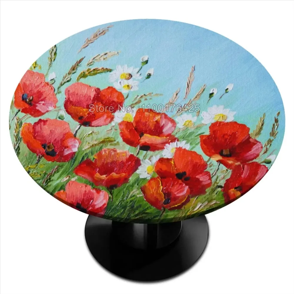 Красная круглая скатерть с цветочным рисунком и эластичными краями