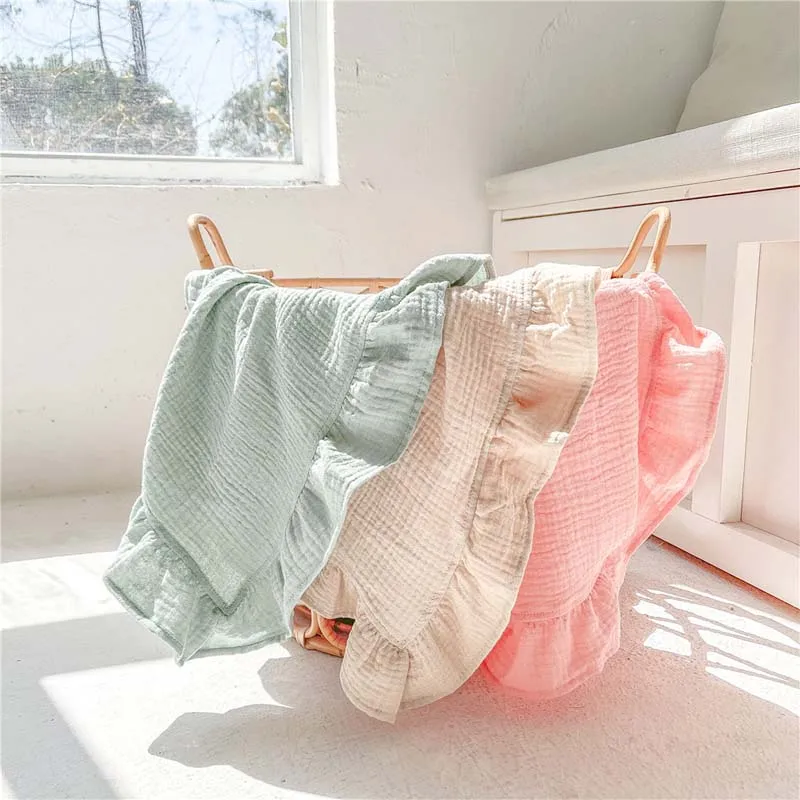 

Muslin Blanket Cotton Swaddle Blankets Soft Gauze Ruffle Baby Burp Cloths Newborns Diapers Babi Bath Towel 120*120