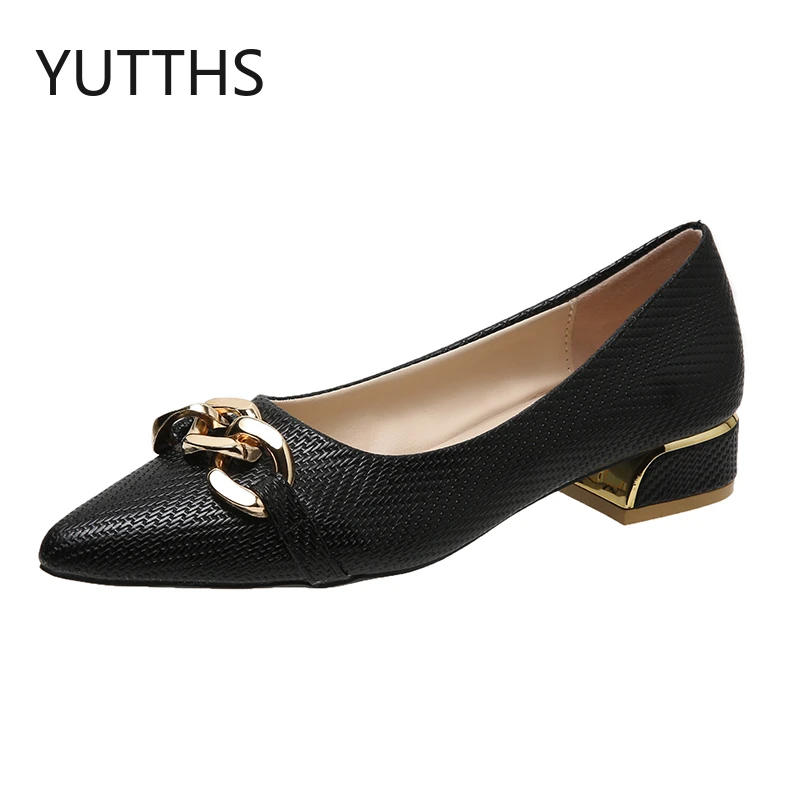 

High Heels Women Metal Chain Pointed Toe Slip-On Ladies Pumps PU 2022 Summer New Dress Office Elegant Medium Heel Women's Shoes