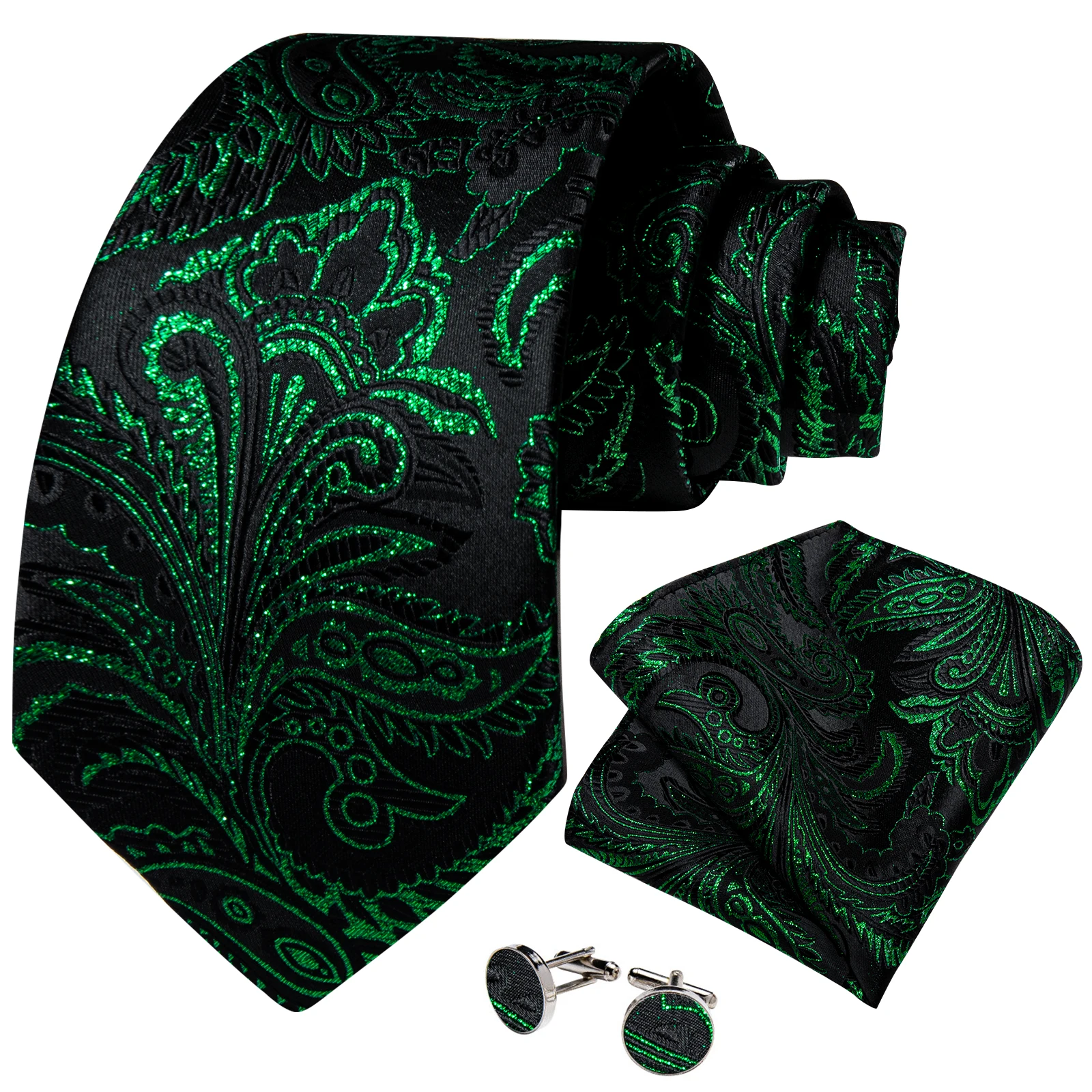 

New Luxury Green Paisley Silk Men's 8cm Tie Set Handkerchief Cufflinks Business Wedding Neck Tie Accessories Gift Dropshipping