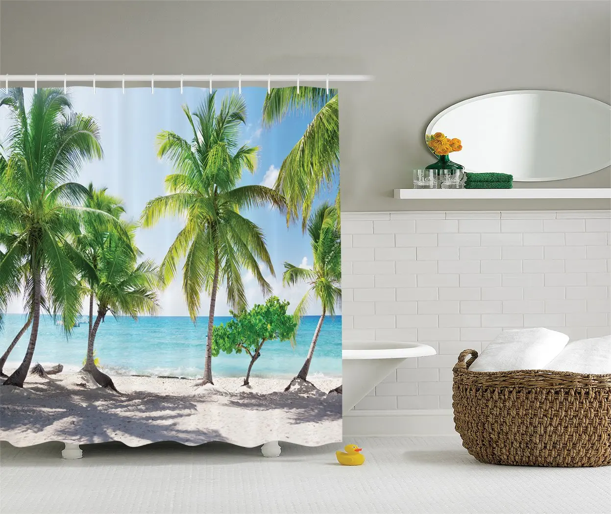 

Занавеска для пляжного душа Декор пальмы, пальмы и остров каталина, морской берег, Панорамное настенное украшение, подвесные шторы
