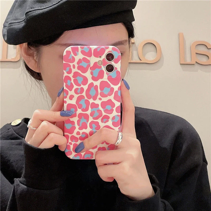 

Cute Pink Blue Leopard Print Phone Case For Iphone 12 13 Pro Max Case 11 7 8 Plus X XS XR Soft Kawaii Women Girls Protective