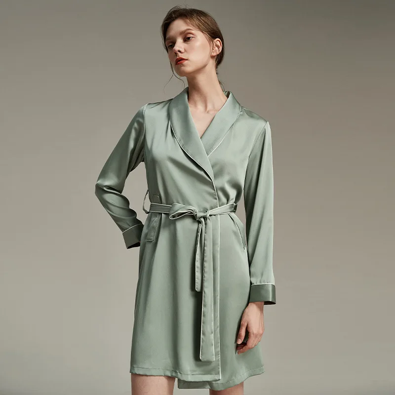 

Nightgown Solid Color Women Robe Sleep Dress Lapel Home Clothes Bathrobe Silk Sexy Long Sleeves Cardigan Sleepwear Kimono