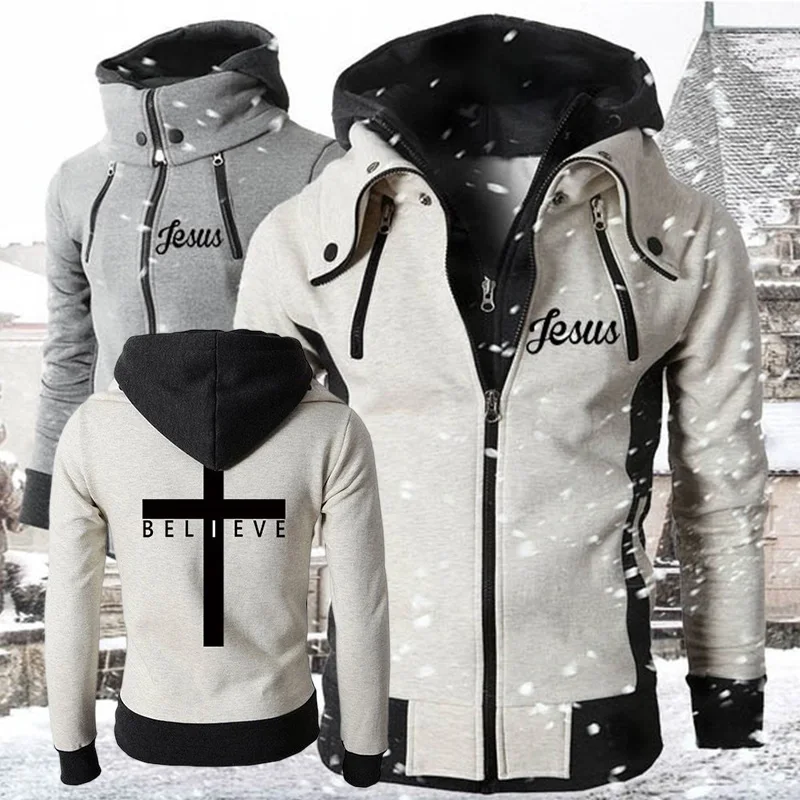 

Mens Jesus Cross Printed Hoodies Personality Double Zipper Design Jackets High Quality Male Winter Thickening Warm Hooded Coat