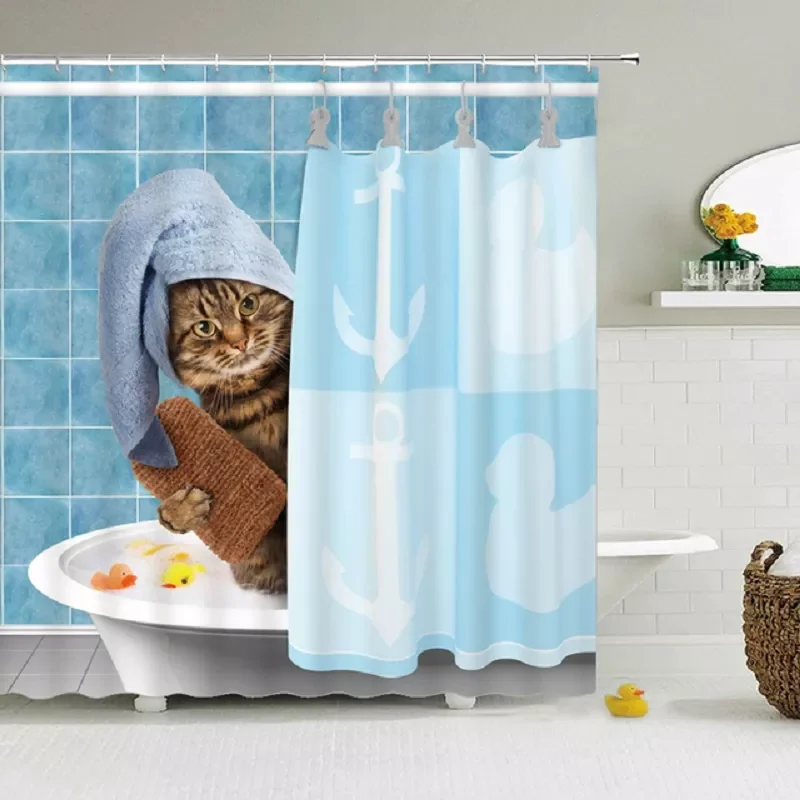 

2023 Cute Dinosaur Funny Shower Bathroom Curtain Waterproof Cat Green Leaves Fabric Pastel Toilet Door Curtains Modern Marble Co