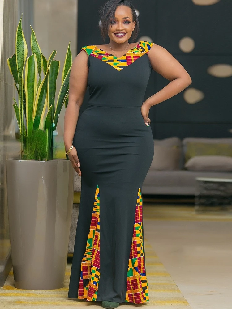 

Женские платья для выпускного вечера, длинные облегающие платья до щиколотки без рукавов с принтом в африканском стиле, наряды 6XL, размера п...