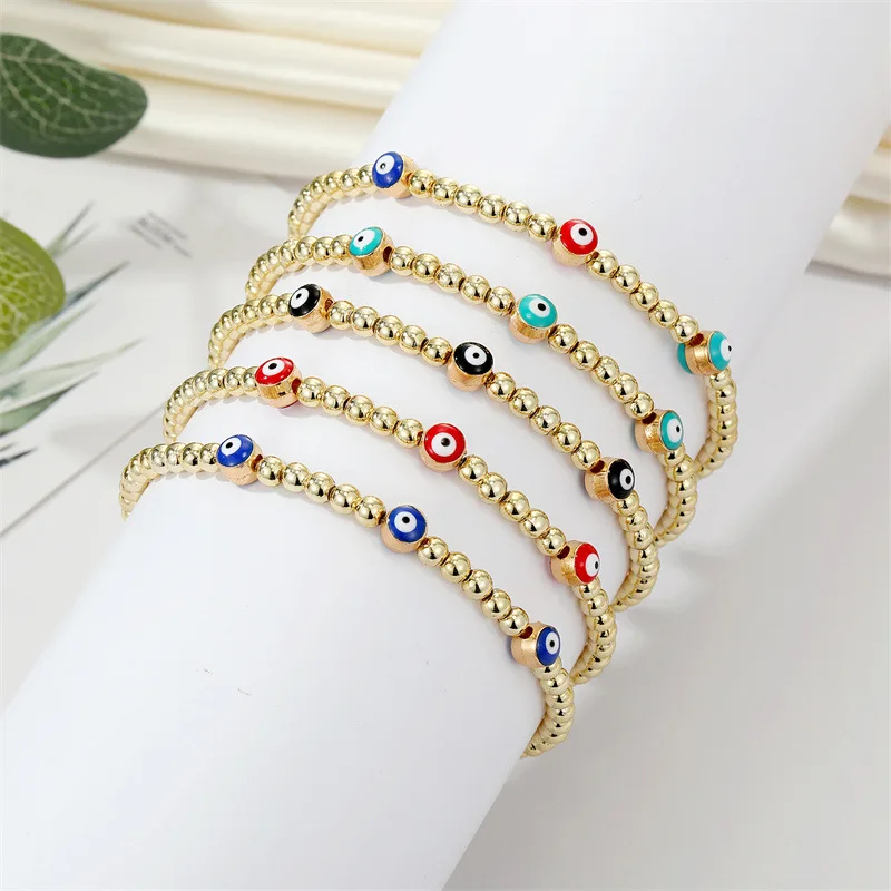 

Blue Evil Eye Bracelet Turkey Eyes Wish Handmade Women's Golden Bead Bangle Elastic Bracelets Jewelry