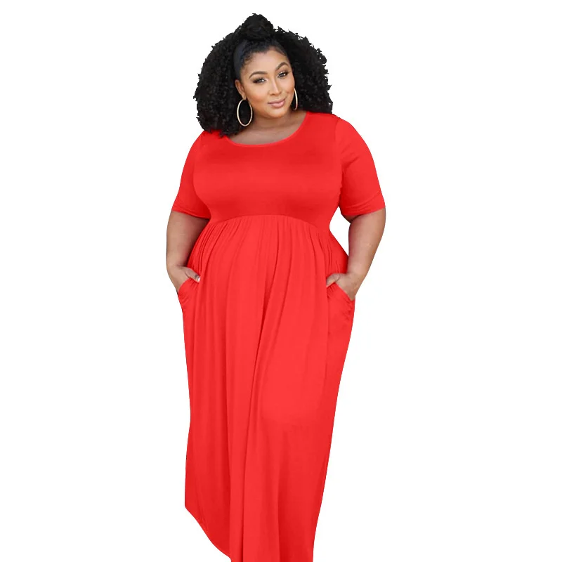 Plus Size Summer Round Collar Women Maxi Dresses Solid Short Sleeves Loose Casual Long Dresses Oversize 4xl 5x 3xl 4xl 5xl 6xl