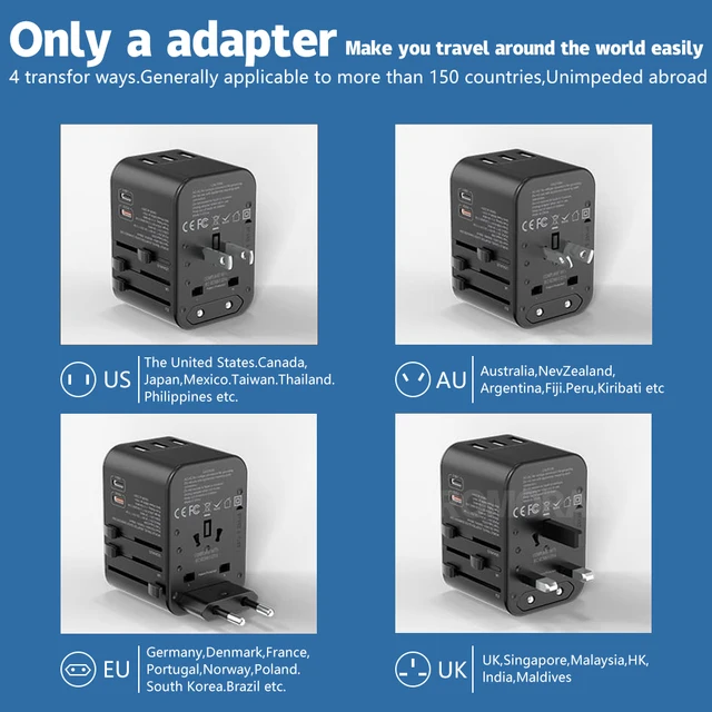 2000W Universal Travel Adapter 160 Countries Converter Plug 6.0A USB C Apple Smart Wall Charger Ports for EU UK AUS US Travel 5