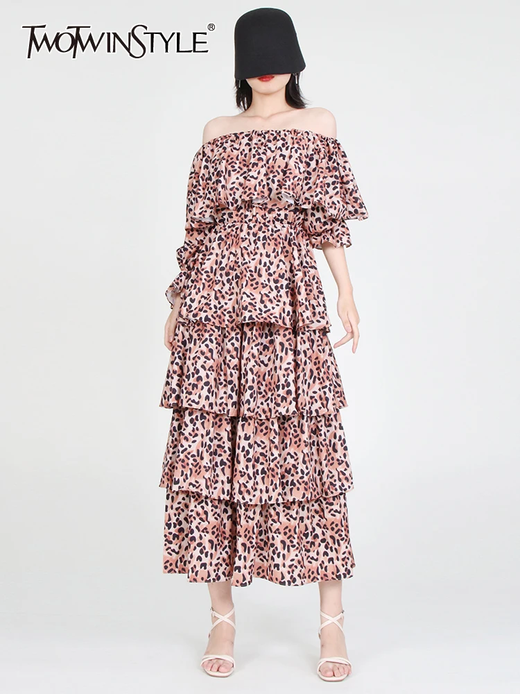 

TWOTWINSTYLE Leopard Patchwork Ruffle Dress For Women Slash Neck Long Sleeve Vintage Casual Dresses Female Clothing Style Summer