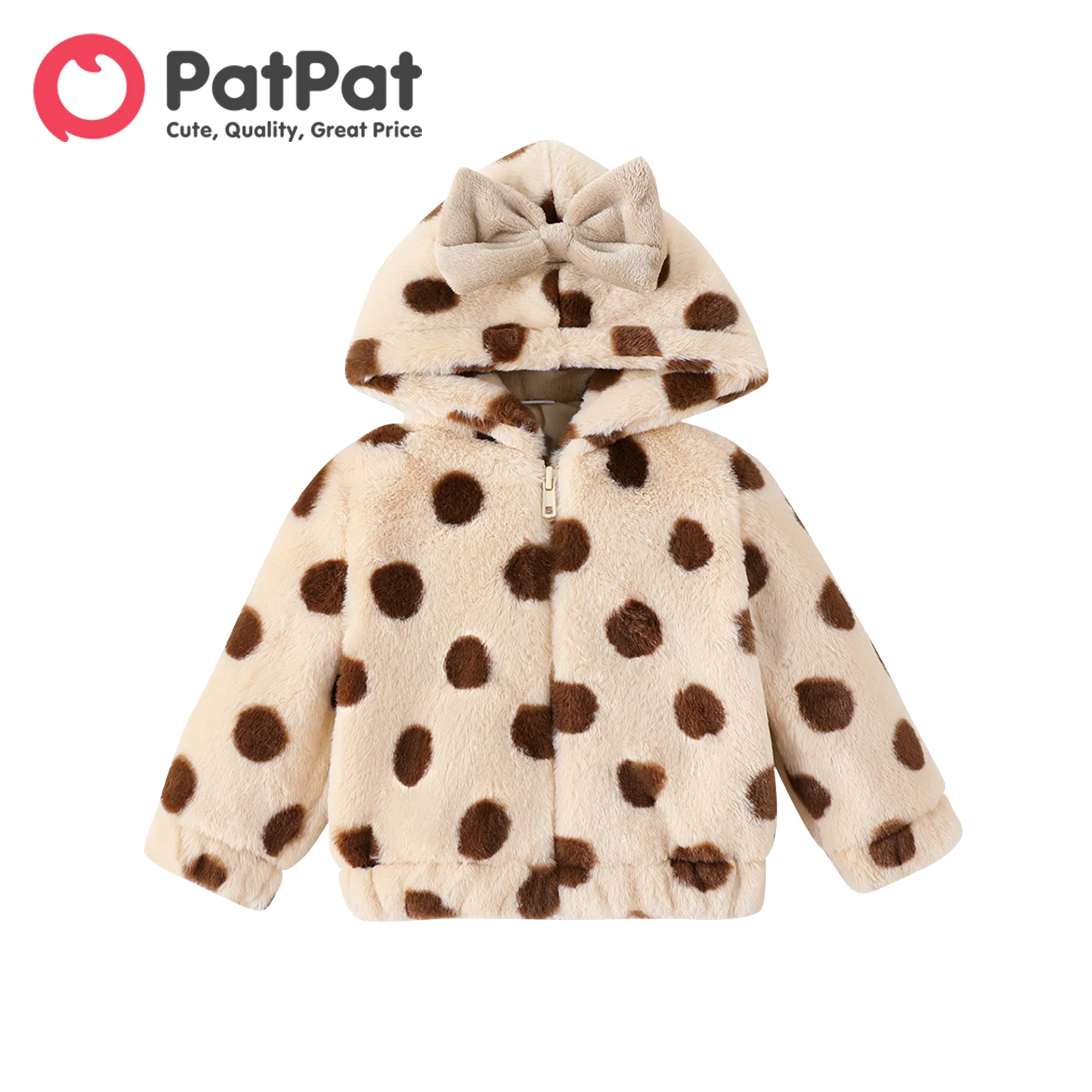 

PatPat Baby Girl Polka Dots Thermal Fuzzy Hooded Zipper Coat