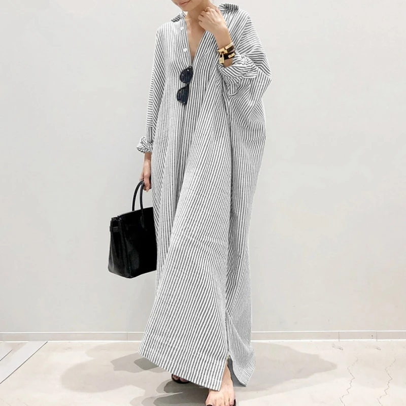 

Summer New Dress Fashion Cotton Linen Striped Cardigan Loose Large Casual Temperament Commuter Irregular Women's Long Dress Tops