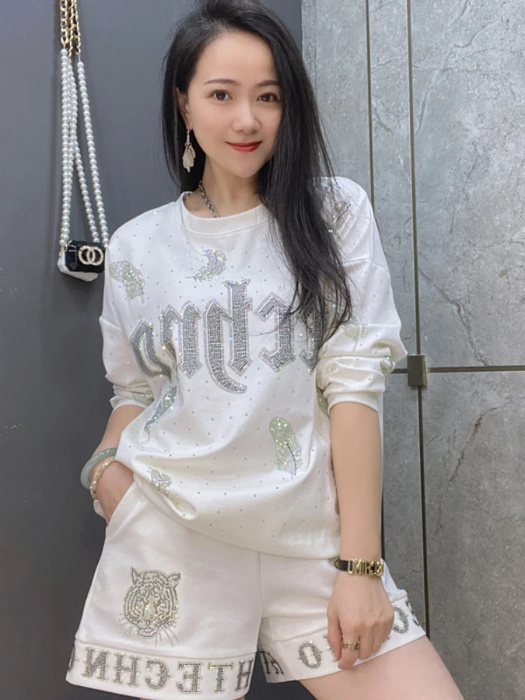 Heavy Industry Cartoon Rhinestone Womens Shorts 2023 Summer Women's Clothing New Elastic Waist Casual Wide-Leg Shorts Female