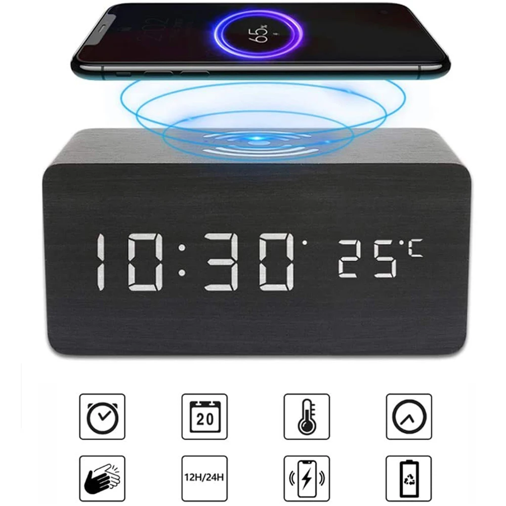 

New Digital Alarm Clock Wooden LED Wireless Charging Bluetooth Speaker for Home Bedroom Office Decor With Date Temperature Sound