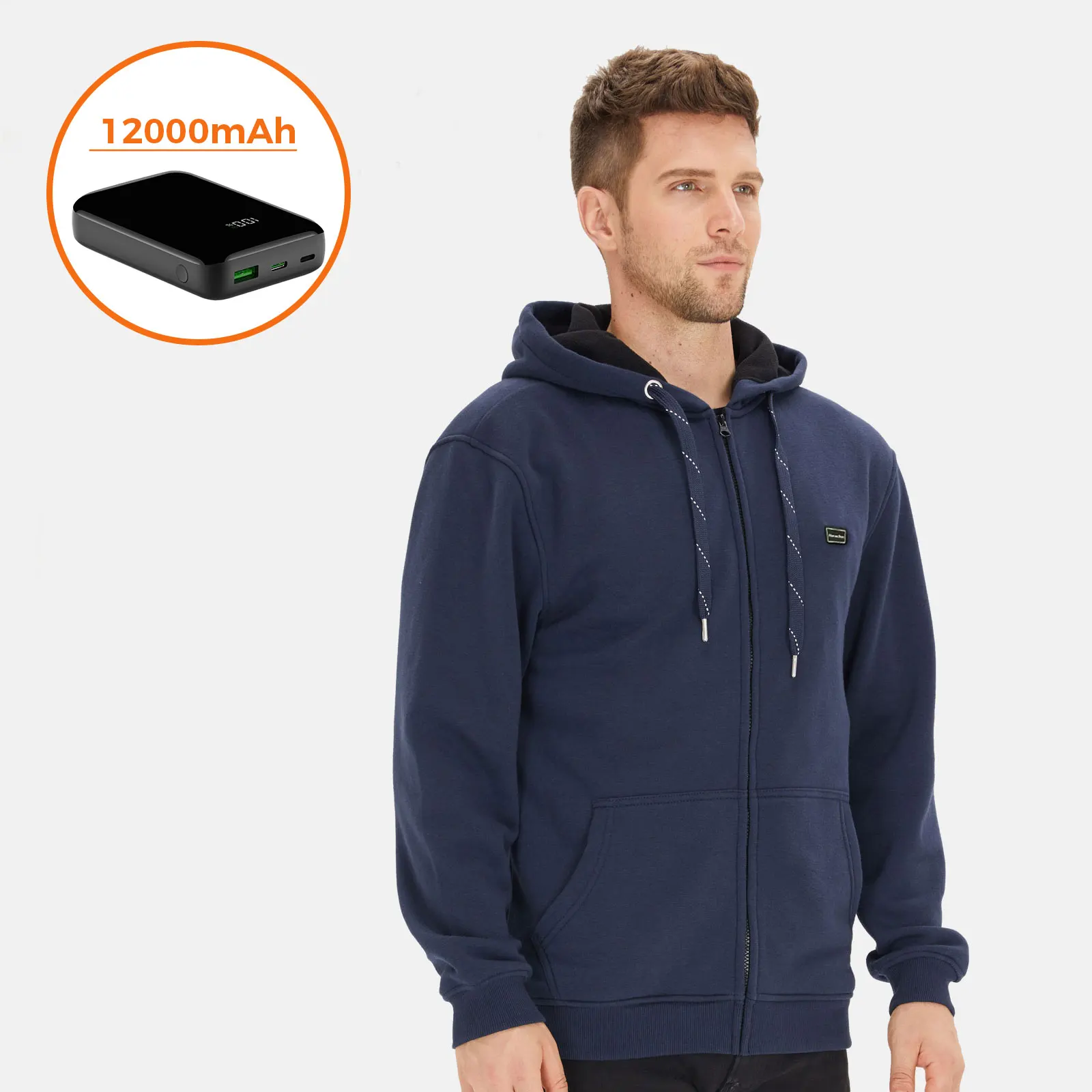 

Full Zip Up Fleece Heated Hoodie Sweatshirts Tracksuits with Battery Pack 12000mAh for Men Warm for Camping Hiking Hunting Navy
